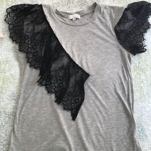 Ten Sixty Sherman Gray Tee with Black Lace Ruffle Detail Size S